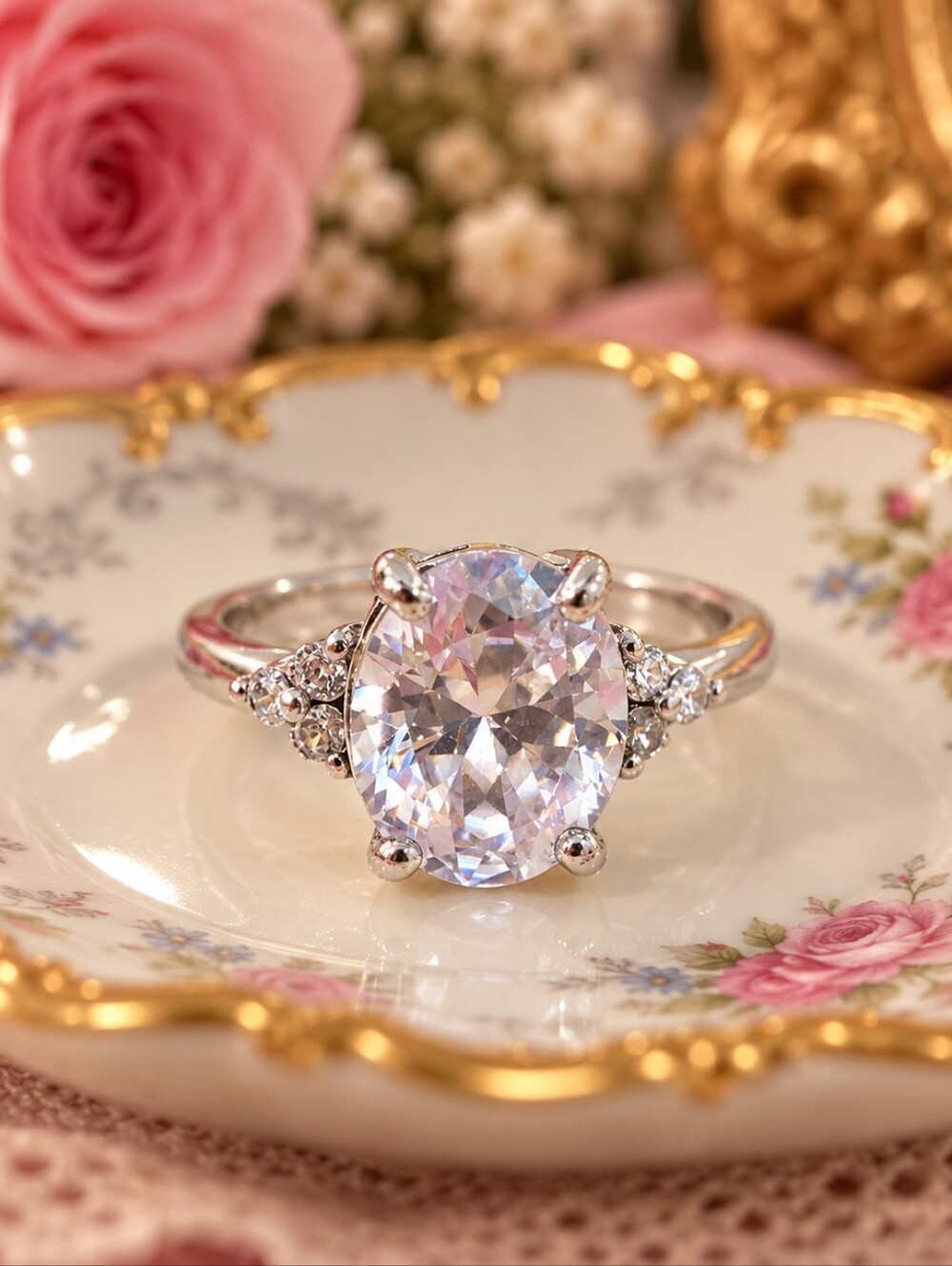 💍Classic Silver Oval Cubic Zirconia Solitaire Ring - White